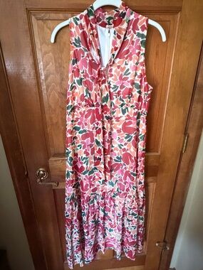Maggy London Sleeveless Floral Tie-Neck Maxi Dress in Coral, Green and White